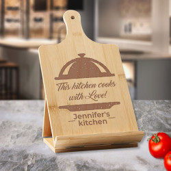 Personalized This Kitchen Cooks With Love Bamboo Standing Chef's Easel, Custom Recipe Cookbook Holder
