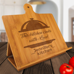 Personalized This Kitchen Cooks With Love Bamboo Standing Chef's Easel, Customized Recipe Cookbook Holder