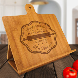 Personalized Happiness Is My Mother's Cooking Bamboo Standing Chef's Easel, Customized Recipe Cookbook Holder