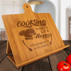 Personalized Cooking Makes Life Happy Bamboo Standing Chef's Easel, Customized Recipe Cookbook Holder