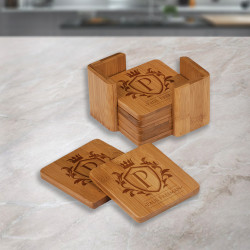Personalized Bamboo Coaster Set of 6 with Holder, Customized Coasters