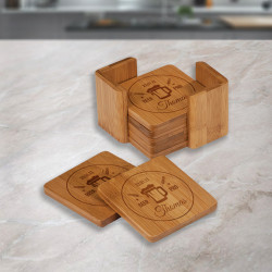 Personalized Wine Coasters for Drinks, Bamboo Coaster Set of 6 with Holder, Customized Coasters