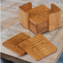 Personalized Anniversary Coasters, Bamboo Coaster Set of 6 with Holder, Anniversary Gift for Her