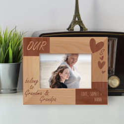Our Heart's Belong To Grandma & Grandpa Personalized Wooden Frame-5" x 3 1/2" Brown Horizontal