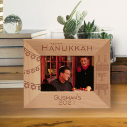 Happy Hanukkah Personalized Wooden Frame-5" x 3 1/2" Brown Horizontal