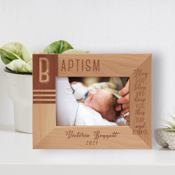 Baptism May God Bless And Keep You, This Day And Always Personalized Wooden Frame-5" x 3 1/2" Brown Horizontal