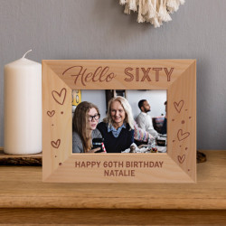 Hello Sixty Personalized Wooden Frame-5" x 3 1/2" Brown Horizontal
