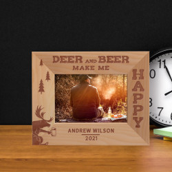 Deer And Beer Make Me Happy Personalized Wooden Frame-5" x 3 1/2" Brown Horizontal