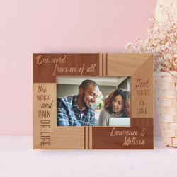 One Word Frees Us Of All That Word Is Love Personalized Wooden Frame-5" x 3 1/2" Brown Horizontal