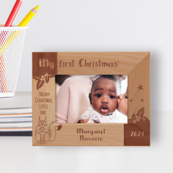 Merry Christmas Little One Personalized Wooden Frame-5" x 3 1/2" Brown Horizontal