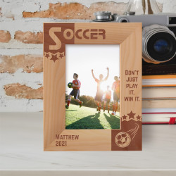 Soccer Don't Just Play It Win It Personalized Wooden Frame 4" x 6" Brown (Vertical)