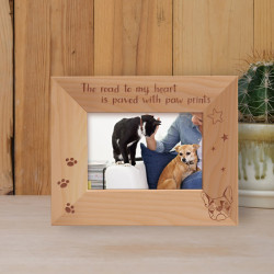 The Road To My Heart Is Paved With Paw Prints Personalized Wooden Frame-5" x 3 1/2" Brown Horizontal