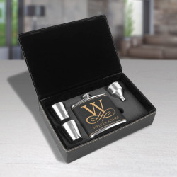 Personalized 6 Oz Black Leatherette Flask Set, Customized Flask Set