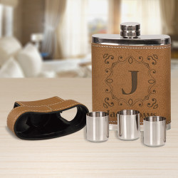 Personalized Leather Flask with 3 Shot Glasses, Customized Flask 7 oz.