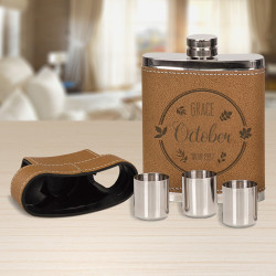 Personalized Birthday Leather Flask, 7 oz. Flask and 3 Shot Glasses Set, Customized Birthday Gifts