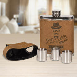 Fathers Day Flask Personalized, 7 Oz Leather Flask with 3 Shot Glasses, Gifts for Dad from Daughter