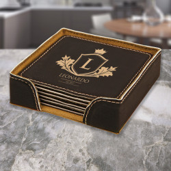 Personalized Leather 6-Coaster Set, Customized Coasters Set, Engraved Coasters