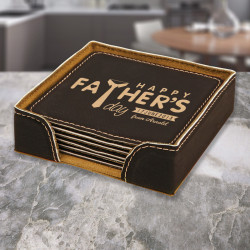 Custom Fathers Day Coasters, Leather 6-Coaster Set Black and Gold, Custom Dad Gift Ideas