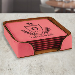 Personalized Leather Coasters, Custom Pink 6-Coaster Set, Customized Coasters