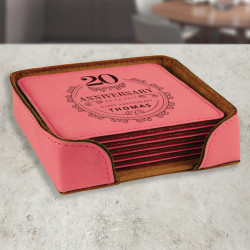 Personalized Anniversary Coasters, Pink Leather 6-Coaster Set, Anniversary Gift for Wife