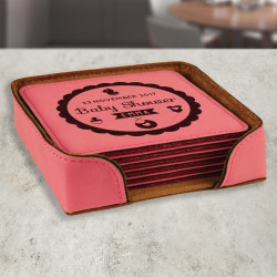 Personalized Pink Baby Shower Coasters, Square Leather 6-Coaster Set, Custom Baby Shower Gifts