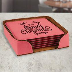 Christmas Coasters Personalized, Pink Leather 6-Coaster Set, Christmas Customized Gifts