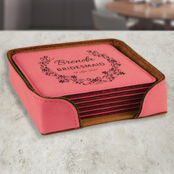 Custom Bridesmaids Coasters, Pink Leather 6-Coaster Set, Personalized Bridesmaid Gifts