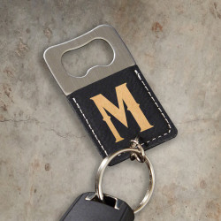 Personalized Black & Gold Rectangle Leatherette Bottle Opener Keychain