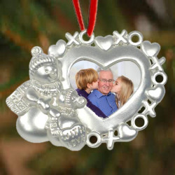 Personalized Engravable Silver Snowman and Heart Photo Frame Ornament