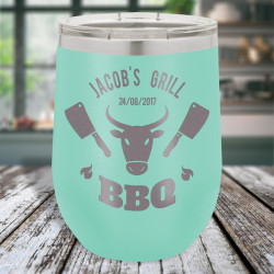 Personalized BBQ Teal Vacuum Insulated Stemless Wine Tumbler with Lid 12 oz.