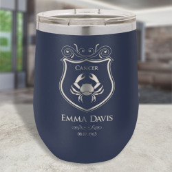 Custom Birthday Tumbler for Men, Zodiac Gifts, Vacuum Insulated Stemless Wine Glass 12 Oz, Personalized Birthday Gift