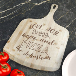 Personalized Love Joy Faith Hope And Pizza Bamboo Pizza Board With Handle, Customized Wooden Pizza Board