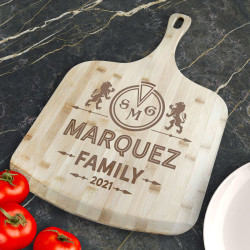 Personalized With Family Name Bamboo Pizza Board With Handle, Customized Wooden Pizza Board