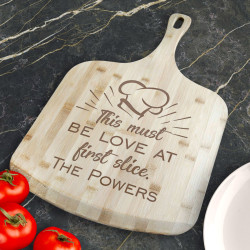 Personalized This Must Be Love At First Slice Bamboo Pizza Board With Handle, Customized Wooden Pizza Board