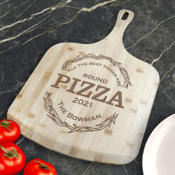 Personalized All The Best Things Are Round Pizza Bamboo Pizza Board With Handle, Customized Wooden Pizza Board