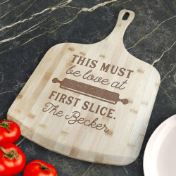 Personalized This Must Be Love At First Slice Bamboo Pizza Board With Handle, Customized Wooden Pizza Board