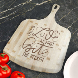 Personalized I Fell In Love At First Bite Bamboo Pizza Board With Handle, Customized Wooden Pizza Board