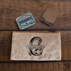 Personalized Initial and Name Natural Rectangular Jute Canvas Pouch with Zipper Closure