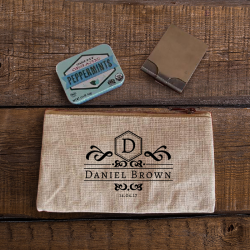Personalized Name and Initial Natural Rectangular Jute Canvas Pouch with Zipper Closure