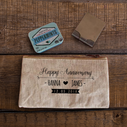 Personalized Anniversary Natural Rectangular Jute / Canvas Pouch with Zipper Closure