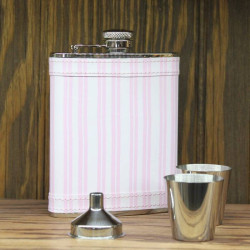 Personalized Genuine 6oz Pink Striped Beautiful Leather Flask Gift Set