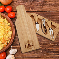 Personalized Bottle Shaped Cheese Board with Tools and Wine Designs