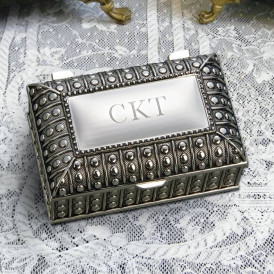 Personalized Silver Plated Rectangular Jewelry Box with Beaded Antique Design