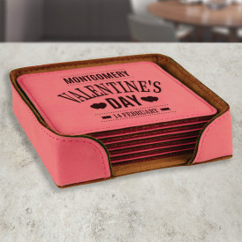 Personalized Valentines Coasters for Drinks, Pink Leather 6-Coaster Set, Custom Valentines Day Gifts for Her